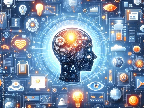 Composition of lines of human head, fractal grids and technology related symbols suitable as a backdrop for the projects on artificial intelligence, science, education and technology.