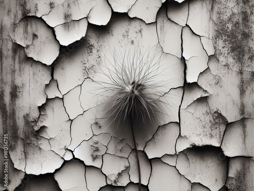  Image of a cracked wall with grass, black and white background, abstract image of a collapsed wall.