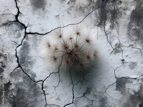  Image of a cracked wall with grass, abstract image of a collapsed wall , black and white background.
