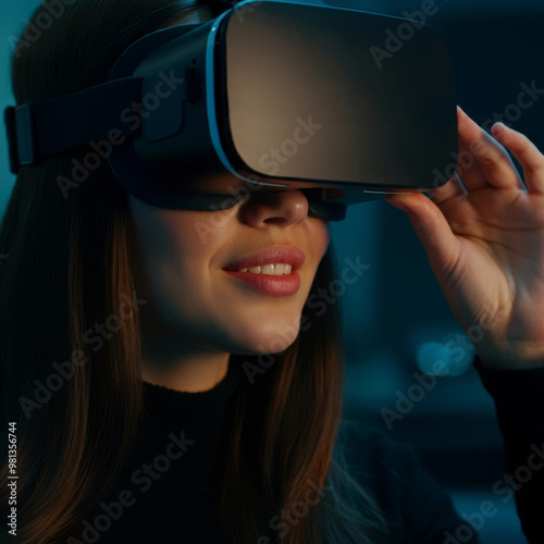 A beautiful girl looking at a virtual reality interface device photo