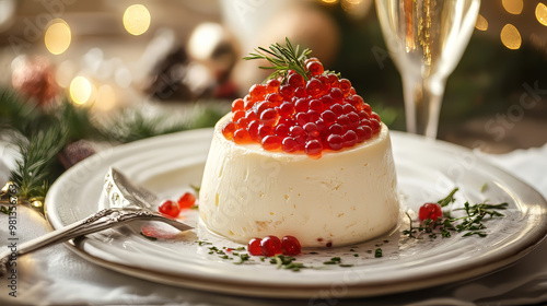 Enjoy a special treat with creamy cheese and red caviar, perfect for a celebratory occasion like Valentine's Day or Christmas. Sip on champagne for a festive touch.