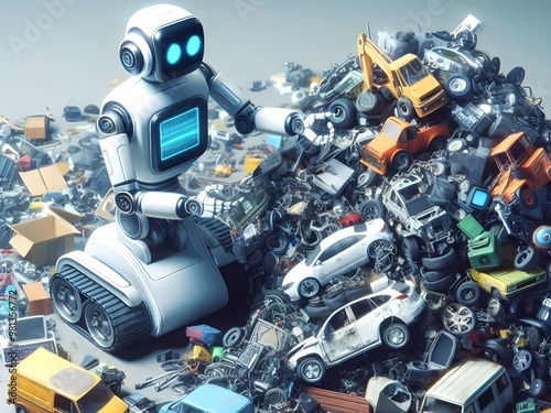  Image of robot in garbage pile, recycling, e-waste, computer industry, automotive industry, aviation industry.