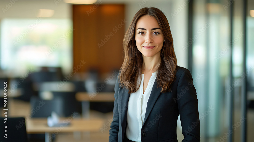 Young businesswoman is posing in a modern office building, wearing a suit and smiling Young businesswoman is posing in a modern office building, wearing a suit and smiling