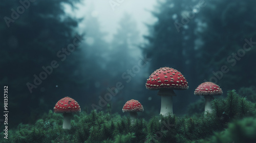 Mushrooms in foggy Woodland Mysterious