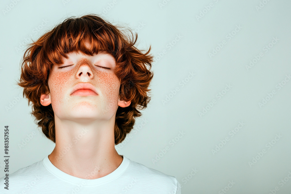 portrait of a skinny teenager boy with bangs looking up with eyes closed and head tilted back, isolated on white background portrait of a skinny teenager boy with bangs looking up with eyes closed and head tilted back, isolated on white background