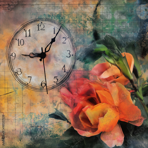 still life with flowers and clock photo