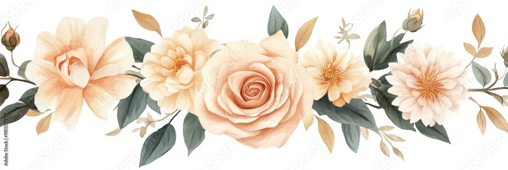 This is a stunning watercolor painting of a wedding bouquet that features soft autumn hues and elegant florals, making it a perfect choice for a dreamy bohothemed wedding celebration