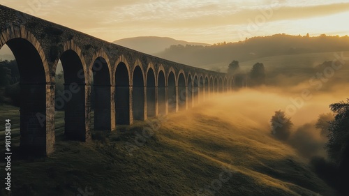 A stunning sunrise illuminates an ancient stone viaduct, surrounded by misty hills and lush greenery, creating a serene landscape.