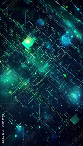 Futuristic Abstract Background with Neon Grid Lines and Glowing Geometric Shapes in Blue and Green