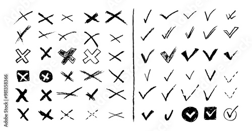 Set of ticks and crosses for to do list or vote. Vector elements for yes or no answering test questions. Back charcoal pencil correct or incorrect symbols. Doodle check marks and crosses collection.