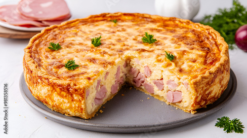 Homemade quiche with ham and cheese cut on the table