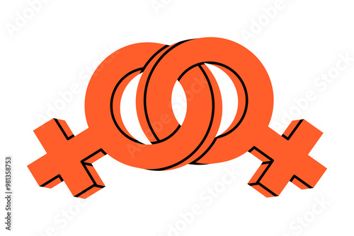 Hand drawn cute cartoon illustration of two female gender sign. Flat vector woman or Venus symbol sticker doodle. Feminism concept. Lesbian icon or print. Homosexual lgbt couple. Isolated.