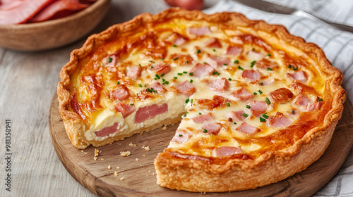 Homemade quiche with ham and cheese cut on the table