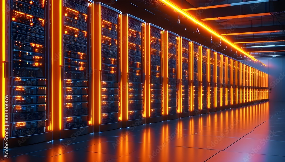 Futuristic server room illuminated by orange neon lights, showcasing ...