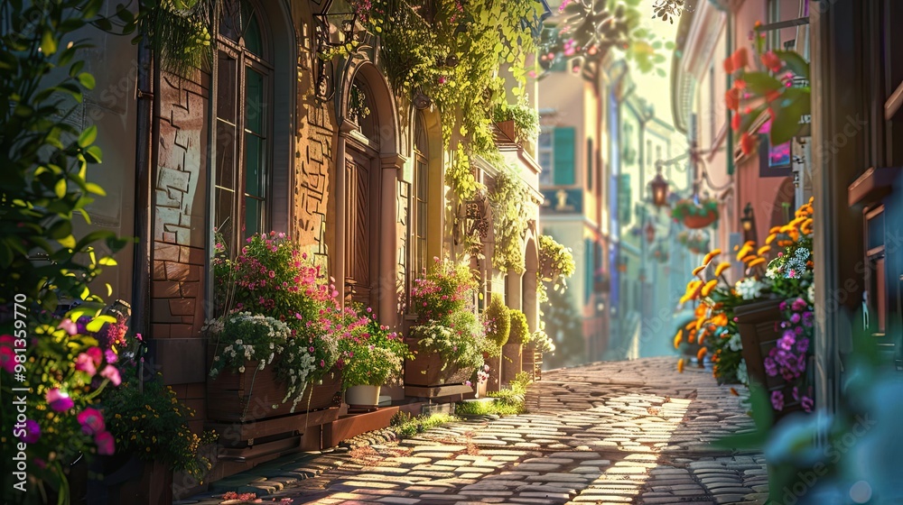 Fototapeta premium Soft nostalgic street scene with muted colors blurred textures and warm sunlight