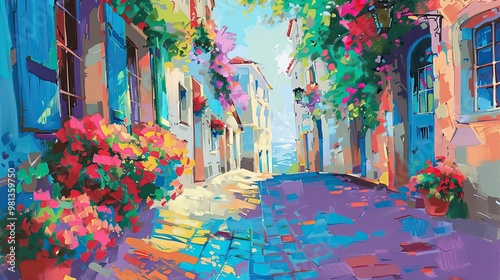 Bold colors and wild strokes depict a Fauvist street with vibrant morning light