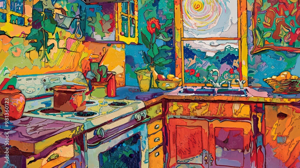Naklejka premium Bold colors and expressive brushstrokes define this lively Fauvist kitchen scene