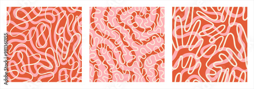 Continuous doodle double organic line seamless repeat vector patterns set. Fluid, funky chaotic ornament, trendy groovy endless backgrounds collection. Winding wriggling uneven hand drawn wavy line.