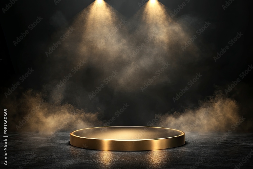 Gold podium on dark background with smoke. Empty pedestal for award ceremony. Platform illuminated by spotlights. generative ai Gold podium on dark background with smoke. Empty pedestal for award ceremony. Platform illuminated by spotlights. generative ai