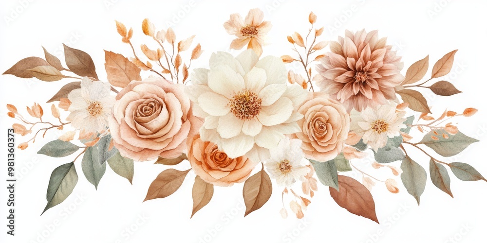 Obraz premium This watercolor wedding bouquet features warm autumn tones, vibrant roses, colorful blooms, and lush greenery, making it perfect for a charming bohemian wedding that leaves a lasting impression