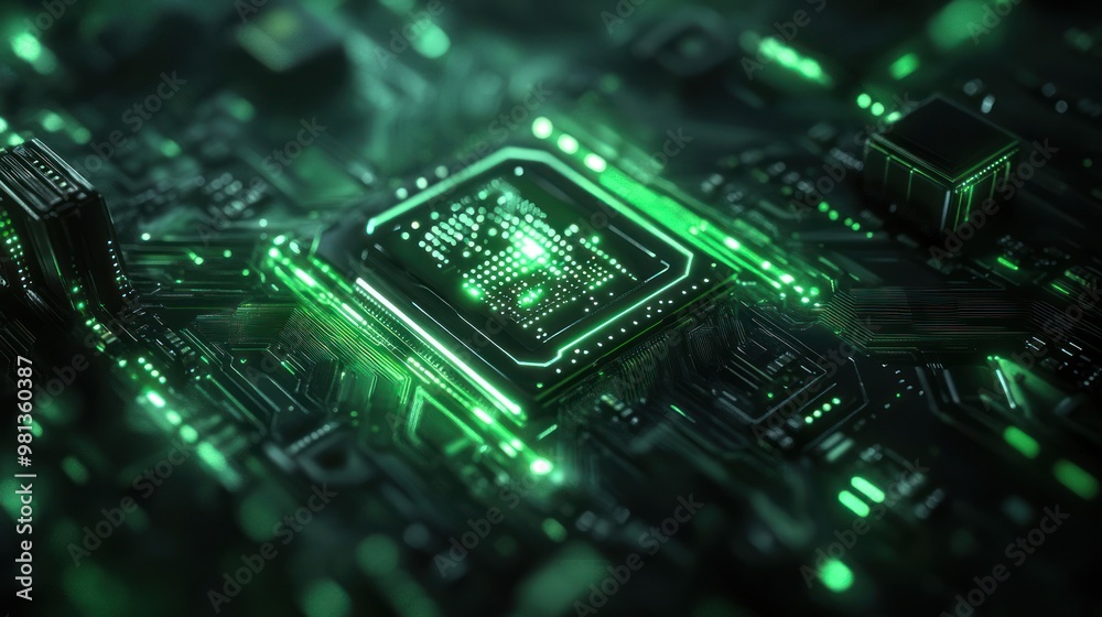 Close Up of a Circuit Board with a Glowing Chip Close Up of a Circuit Board with a Glowing Chip