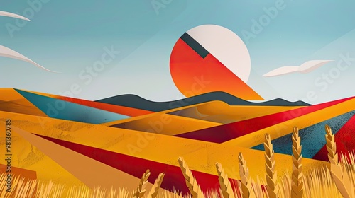 Simplified forms and primary colors define this geometrically structured countryside photo