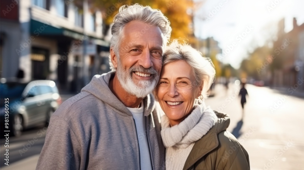 Happy elderly couple smiling while standing outdoors on a sunny day. Happy elderly couple smiling while standing outdoors on a sunny day.