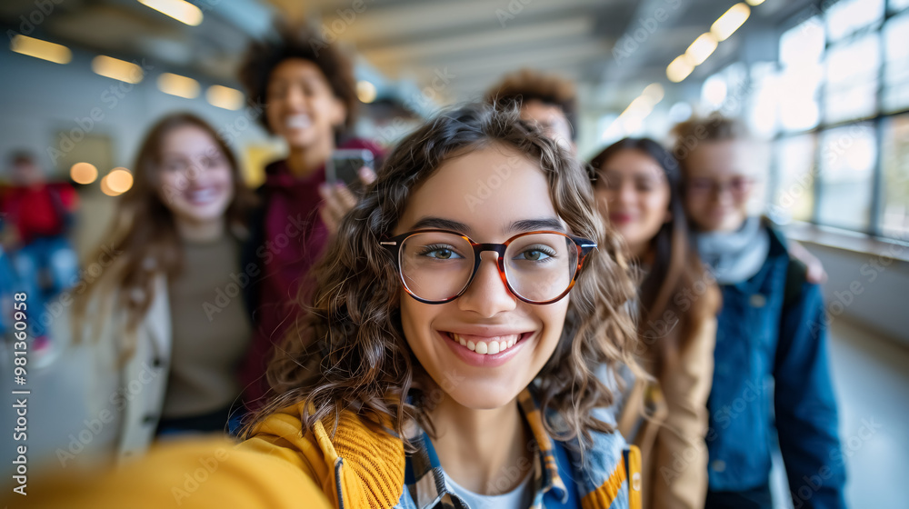 Happy multiracial group of friends making a selfie with a phone in the university, focus on the girl - Friendship, happiness, and joyful concept Happy multiracial group of friends making a selfie with a phone in the university, focus on the girl - Friendship, happiness, and joyful concept