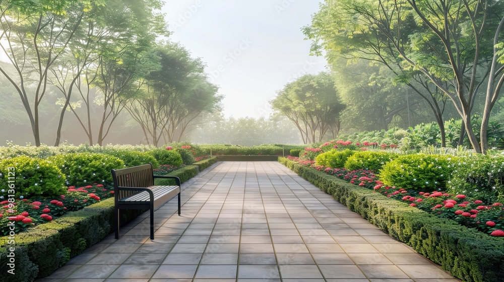 Fototapeta premium Minimalist garden design with simple flowerbeds subtle hues and a calm sky