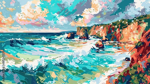 Expressive coastal scene with bold brushstrokes lively waves and fauvist energy photo