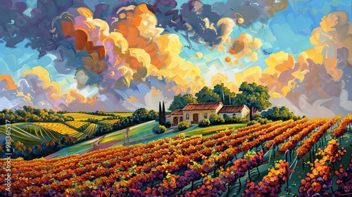 Vibrant vineyard scene with expressive brushstrokes bold colors and textured sky photo