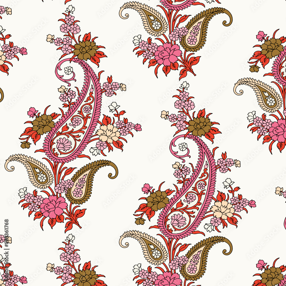 Indian Paisley Floral Seamless Vector Pattern, Vintage Oriental Motif Print for Chintz fabric or Batik Indonesia Sarong, Arabesque Design for Textile, Wallpaper