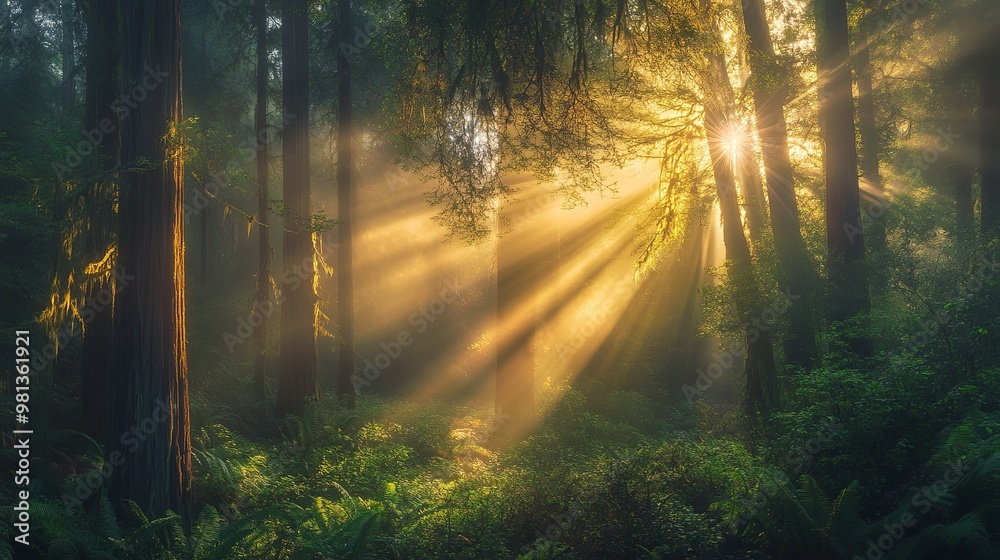 Obraz premium Golden rays pierce through verdant canopies, casting an ethereal glow upon the forest floor. The warm embrace of the sun kisses leaves, illuminating hidden wonders amidst the towering trees. 
