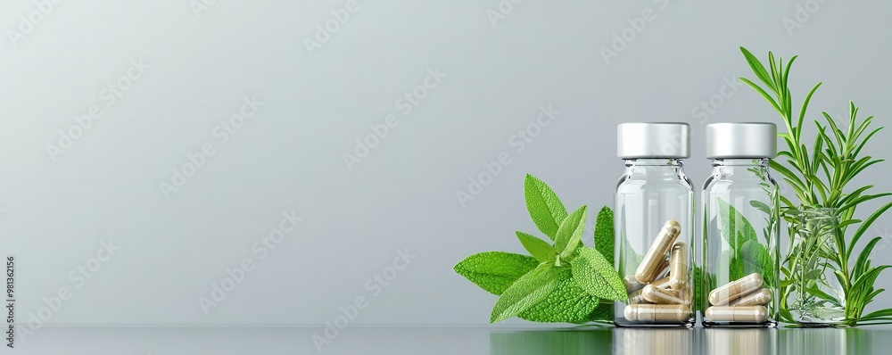 Glass vials with herbal extracts against a sleek metallic background, alternative supplements, modern and clean design for herbal health products Glass vials with herbal extracts against a sleek metallic background, alternative supplements, modern and clean design for herbal health products