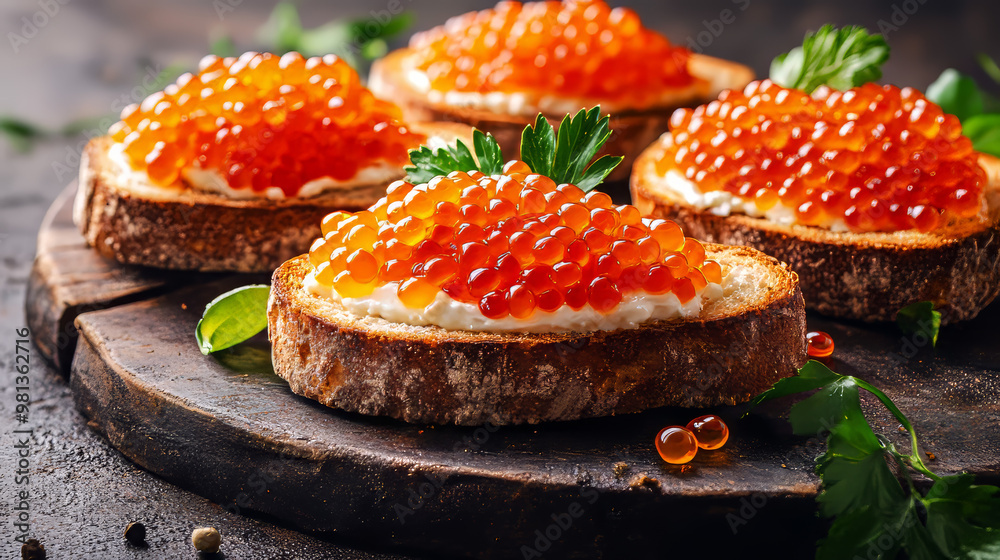 Three sandwiches with red caviar are ready to eat. A tasty appetizer features trout caviar on bread with cream cheese. Salty salmon caviar is a popular choice for fish lovers. Three sandwiches with red caviar are ready to eat. A tasty appetizer features trout caviar on bread with cream cheese. Salty salmon caviar is a popular choice for fish lovers.
