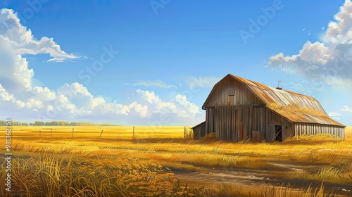 Neo-Classical rural scene with barn and architectural elegance in serene fields