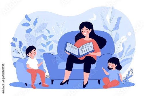 Teacher Reading to Attentive Children in a Classroom Setting – A Calm and Educational Illustration Highlighting Storytelling, Learning, and Early Childhood Education
