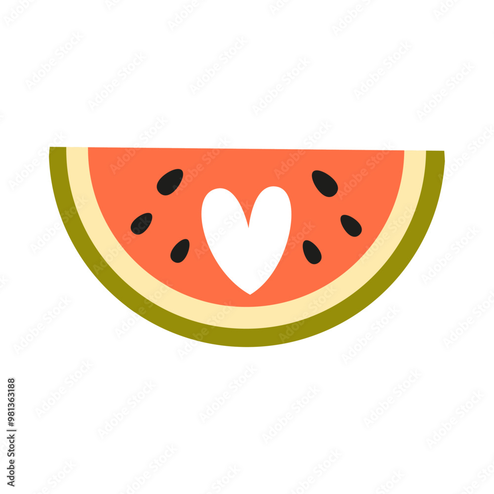 Watermelon slice with heart hole. Hand drawn half watermelon part Watermelon slice with heart hole. Hand drawn half watermelon part