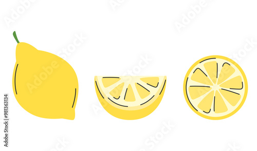 Set of fresh lemon. Whole, qurter acid lemon fruit and slice photo