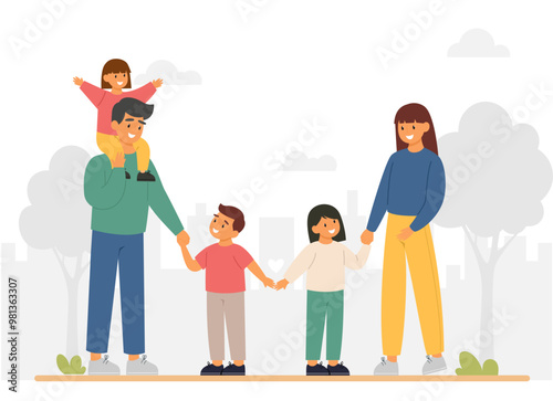 Global family day. Heterosexual couple with three kids walking together at the park. Lifestyle concept