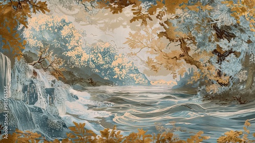 Stylized river scene influenced by Mannerism with exaggerated forms and whimsy photo