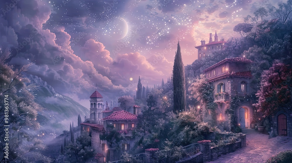 Romanticized village scene with soft details and a dreamy pastel-toned sky Romanticized village scene with soft details and a dreamy pastel-toned sky