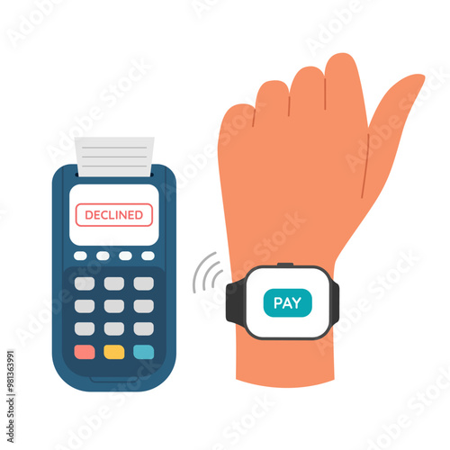Unsuccessful declined payment. Hand paying by smart watch with NFC technology at POS terminal