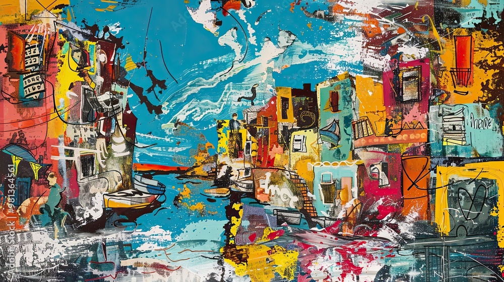 Neo-expressionist coastal town scene with exaggerated forms and emotional depth Neo-expressionist coastal town scene with exaggerated forms and emotional depth
