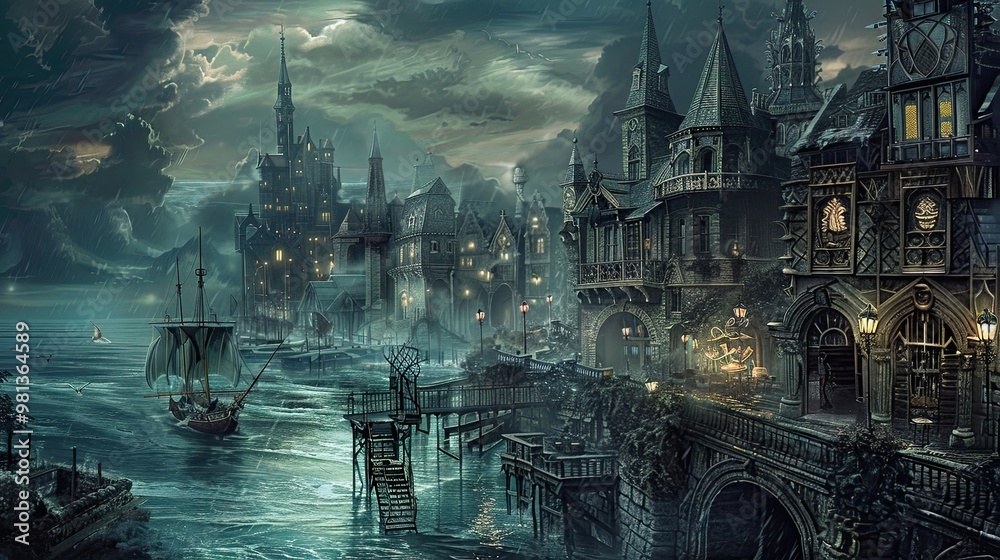Dramatic coastal town scene with Gothic architecture and a mysterious dark sky Dramatic coastal town scene with Gothic architecture and a mysterious dark sky
