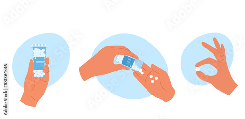 Set of hand with filled pills bottle, with pills spilling out to other hand and fingers hold pill