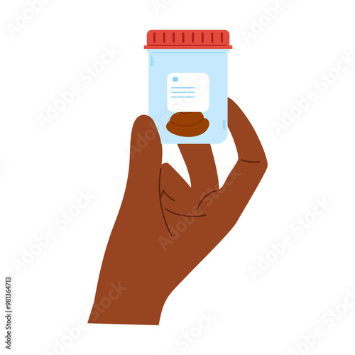 Stool analysis. Poop test. Plastic container with biomaterial for laboratory analysis on african hand