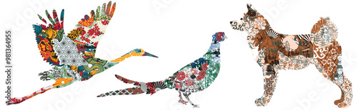 Silhouette of Akita Inu, crane, pheasant with miniatures and ornaments symbolizing Japan. Three isolated animals on a white background.