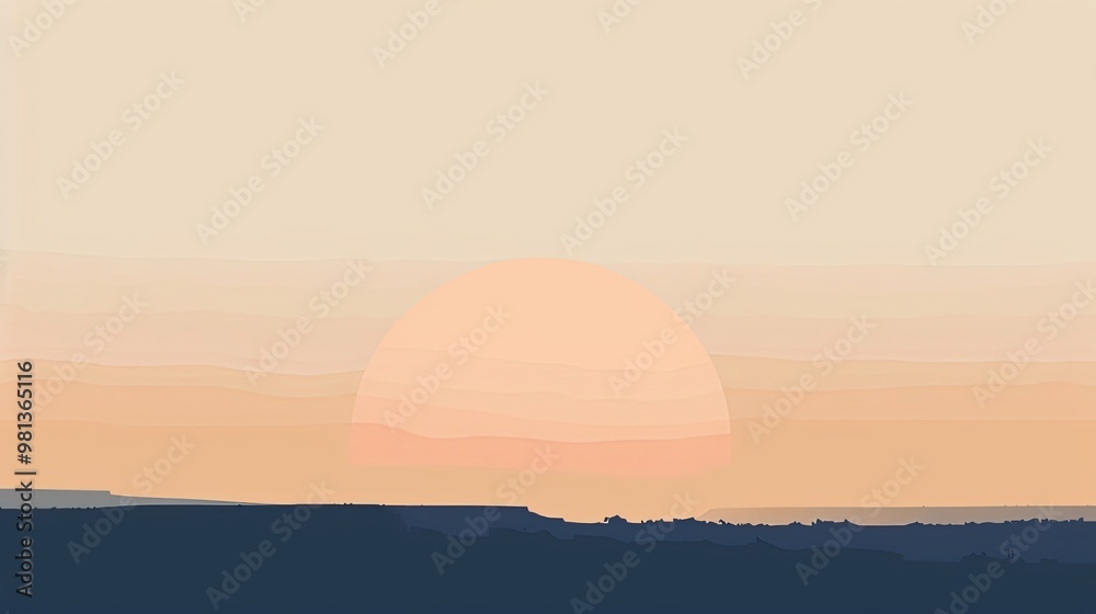 Sunset scene over plains with minimalist forms simple lines and calm palette Sunset scene over plains with minimalist forms simple lines and calm palette
