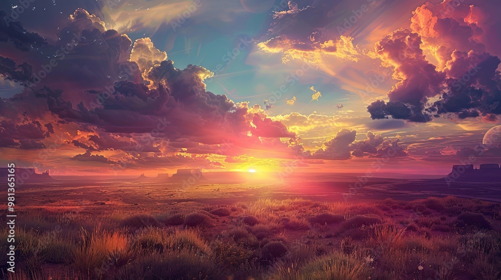 Symbolic sunset over plains with mystical colors and deeper meanings in nature Symbolic sunset over plains with mystical colors and deeper meanings in nature